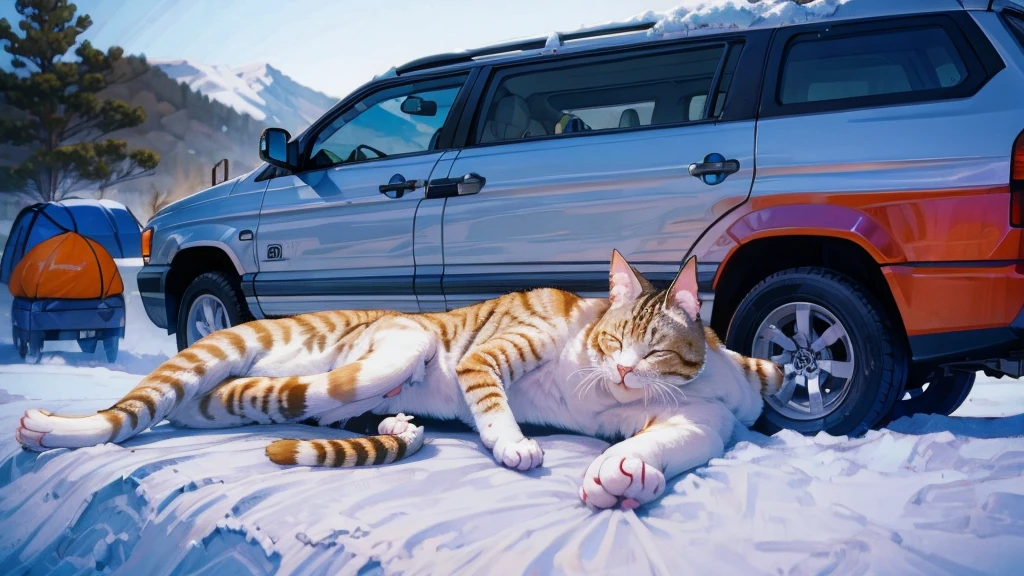 The lazy cat sleeps on the bed of the camping car in the snowy mountains.