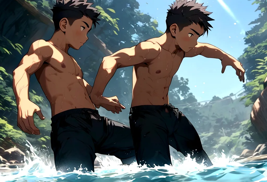 asian, boy, 15-year-old, background is river, playing river, topless, swim pants,
