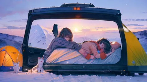 the lazy cat sleeps on the bed of the camping car in the snowy mountains.