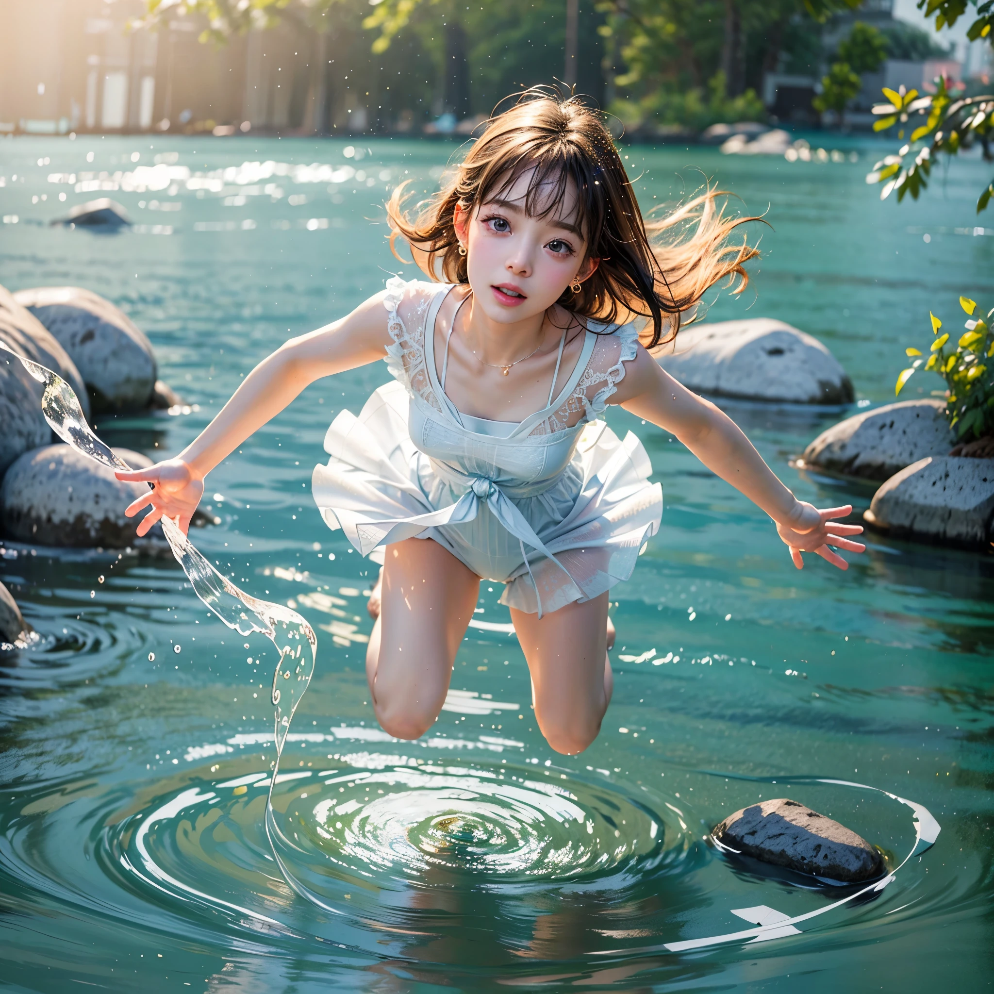 (8K TopQuality masterpiece: 1.2)(Realistic ProfessionalPhoto:1.37), VolumetricLighting. Tiny Girls, girl jumping into the water、Falling、splash water、shout、Luminous water surface、White and Bright colors, back lighting, Radiant PearlSkin, Elaborate Pupils with ((sparkling highlights)), (Detailed KAWAII face) with cute lips, long eyelashes, Delicate clothes, {motion blurred hand|(Corrected BabyLike Hand)}, (SFW:1.9)