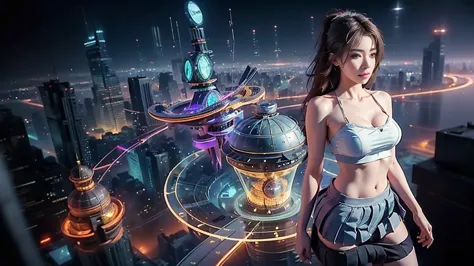 At night, (((aerial view of futuristic sci-fi cyberpunk city, skyscrapers, (((flying cars))), (vortex-spirit-spreading giant hol...