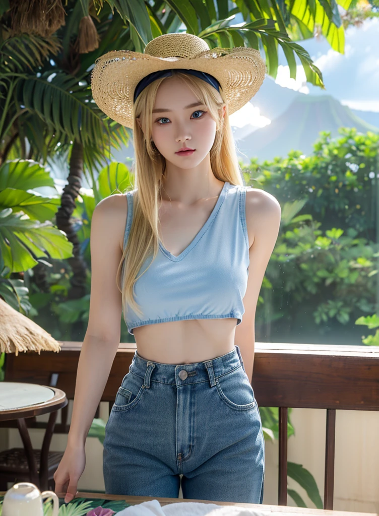 最high quality、Best image quality、masterpiece、With a girl((18-year-old、 White tank top、Black vest、Blue long pants、Best Bust、Bust 85、Blonde、semi-long、Cowboy hat、blue eyes、Open your chest wide、valley、happiness、Slender、Embarrassed face)）high quality、Beautiful art、background((A city of Hawaii where the sunlight is beautiful))、Tabletop、Exquisite design、Visual Arts