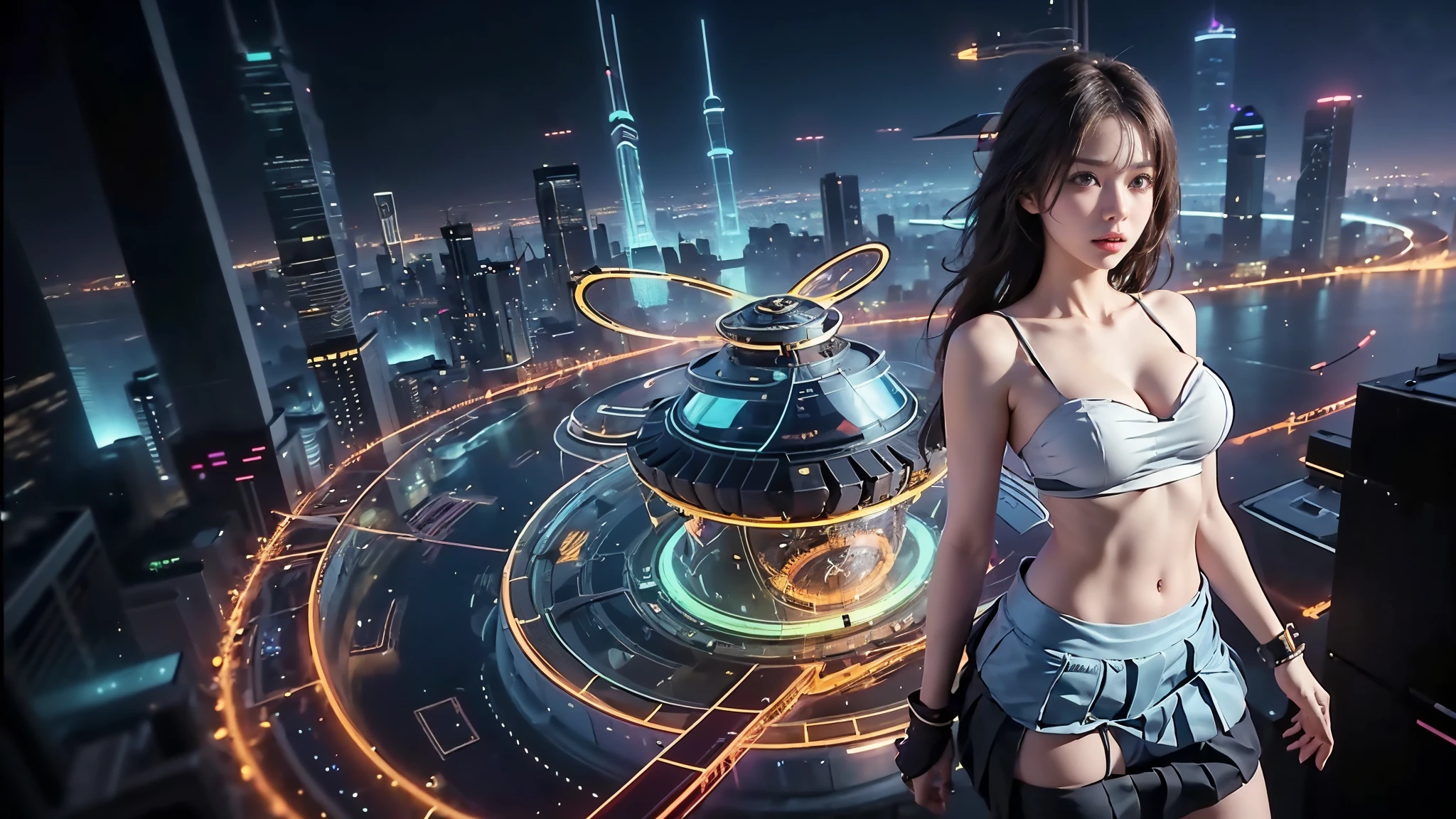 At night, (((aerial view of futuristic sci-fi cyberpunk city, skyscrapers, (((flying cars))), (vortex-spirit-spreading giant hologram (((clock tower))) as time machine), high quality))). Matrix style, (1girl, solo), photo realistic, (((large-breast:1.2 slim body, cleavage:1.3, perfect face, tube top, short pleated (((miniskirt)))))), (((((matrix style black (sunglasses), aiming at viewer with a (mini rifle):0.3))))), (((dynamic pose, half-body (thigh level) medium shot))), cinematic lighting.