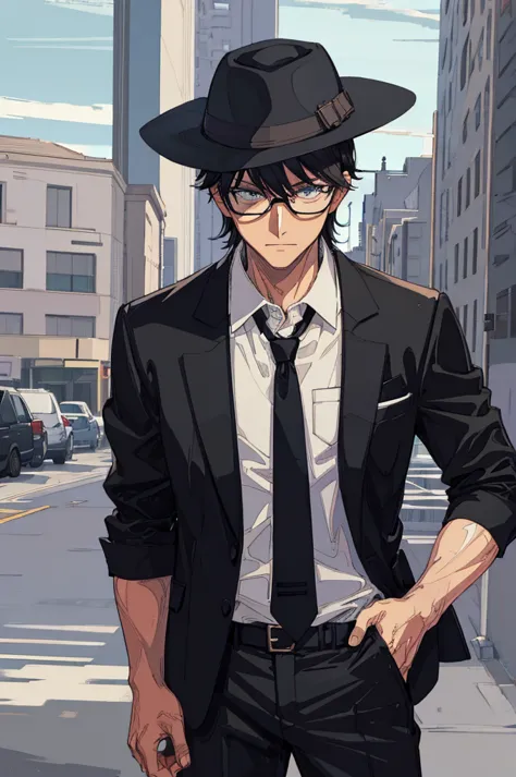 man, black shorts hair, eyes gray, glasses, black fedora hat, black suit, black pants, pocket clock, strong