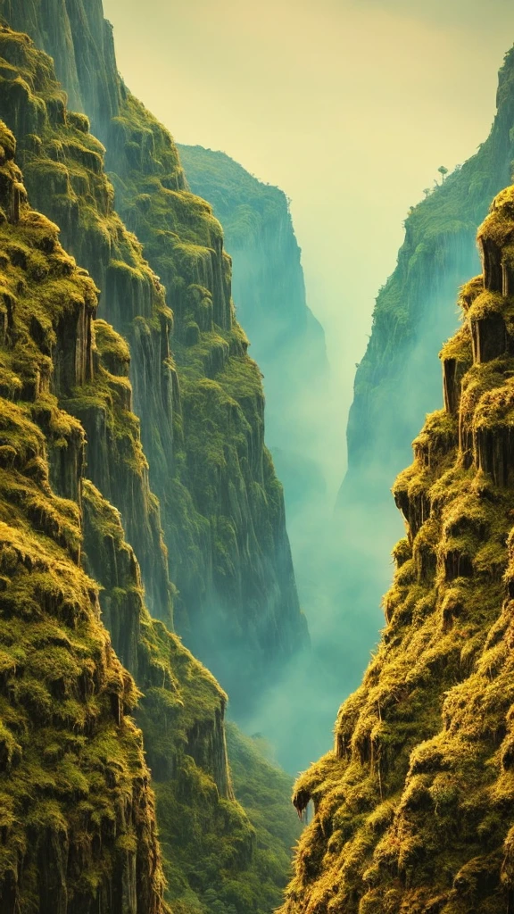 "A bird's-eye view of a mountain ridge with a line of massive, 50-meter-tall grotesque statues resembling skeletons, each covered in moss and vines. These towering statues are lined up along the mountain peaks, following the natural curve of the terrain. The statues have eerie, hollow eyes and decayed features, creating a haunting and unsettling atmosphere. The scene is set on a misty mountain top, with lush, green foliage covering the mountainside. The perspective emphasizes the enormous height of the statues and their endless line stretching along the ridge, blending seamlessly into the rugged landscape and evoking a sense of awe and fear. The image should be highly detailed, with realistic textures and lighting, capturing the depth and intricacies of the statues and the surrounding natural environment in 4K quality."