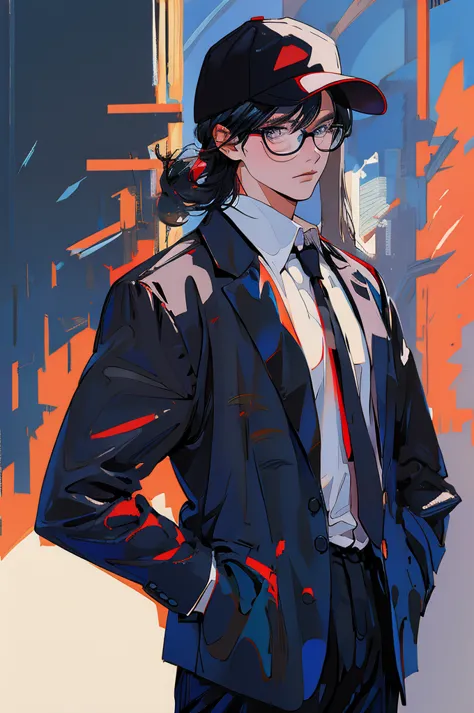 young guy, black shorts hair, eyes gray, glasses, black fedora hat, black suit, black pants, pocket clock, strong