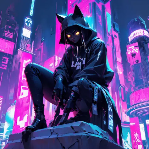 a black cat sitting on top of a white statue, cyberpunk streetwear, tending on art station, name of the character is chad, featu...