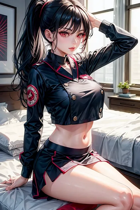 woman, sexy woman, female, mommy, black hair, red eyes, detailed eyes, detailed lips, big breasts, midriff peek, doctoruniform, ...