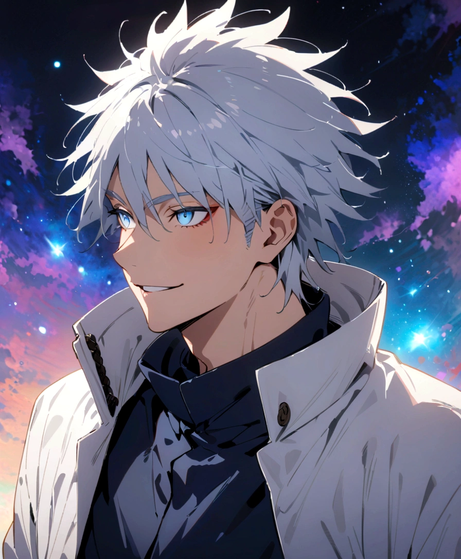 (masterpiece:1.3),(Highest quality:1.4),(Very detailedな:1.5),High resolution,Very detailed,8K,(1 male,Gojo Satoru,JUJUTSU KAİSEN,Gray Hair)Gojo Satoru,have confidence々smile,Beautiful Blue Eyes、（The background is blue and purple space）