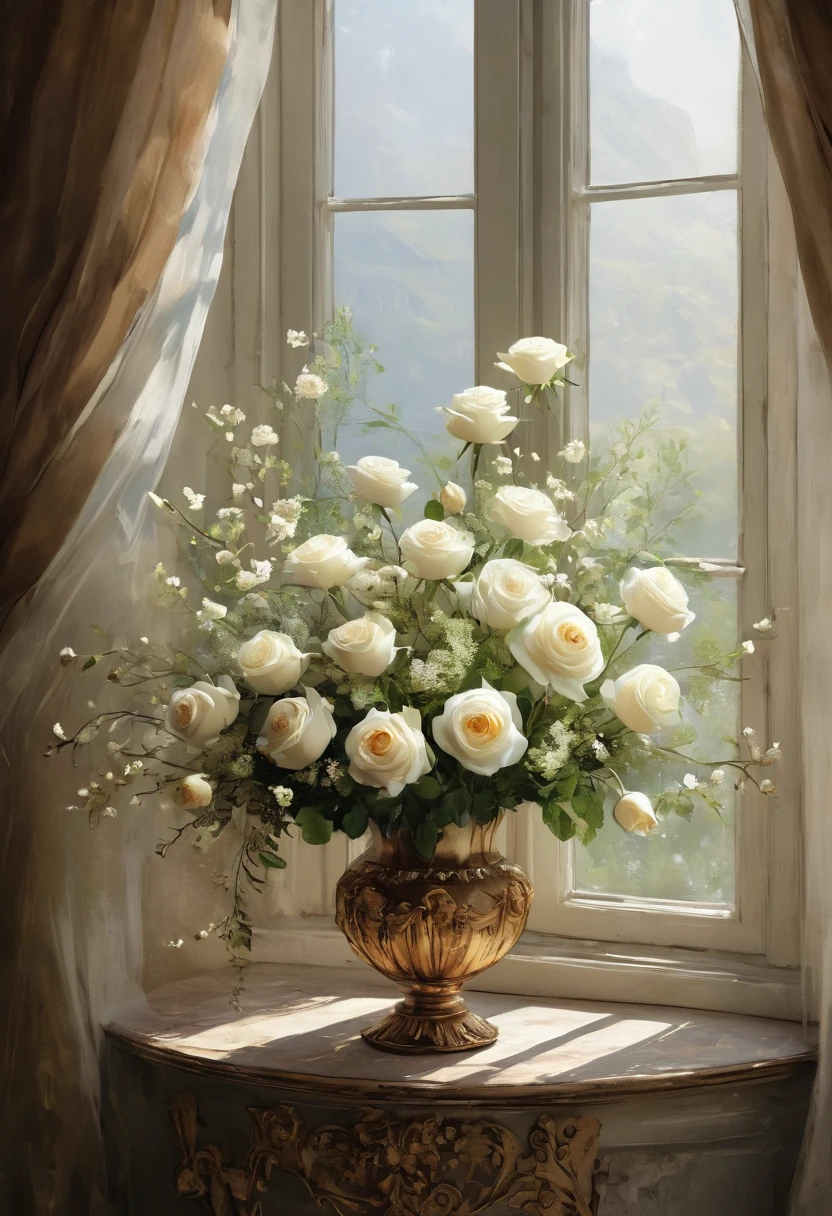 窗前放着一大束花, 梦幻而细致, 令人惊叹的神秘背景, 大气美丽细节, 典雅花朵, 白色花朵, 巴洛克风格绘画背景, 花卉环境, 花卉彩绘背景, 精致的花卉细节, 背景中的花朵, 白玫瑰, 柔软而复杂, 梦幻而空灵, 自然与花卉美学