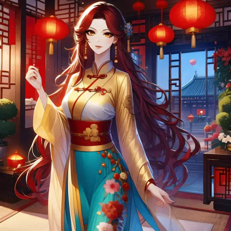 (masterpiece, best quality:1.2), 1women, xian mei, solo, chinese clothes, ultra long skirt, golden eyes, long red curly hair, je...