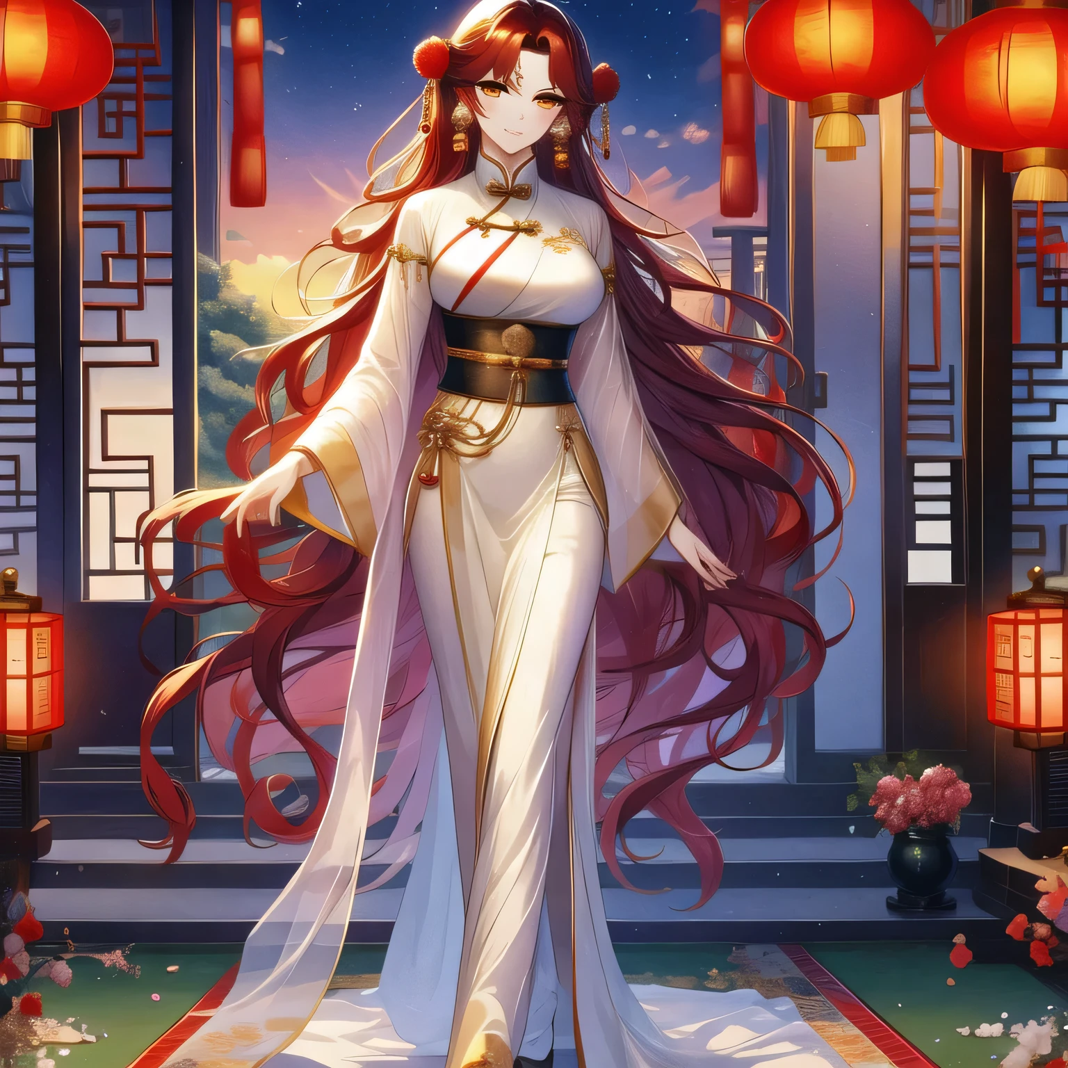 (masterpiece, best quality:1.2), 1women, xian mei, solo, chinese clothes, ultra long skirt, golden eyes, long red curly hair, jewellery, perfect anatomy, chinese traditional room, full body, walking