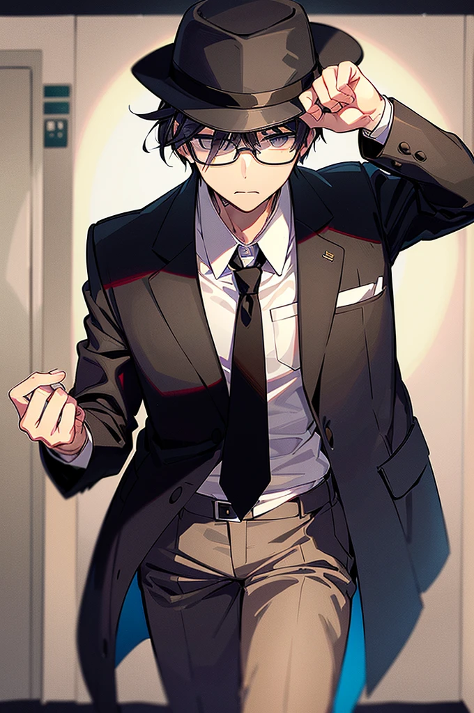 Young man, black shorts hair, eyes gray, glasses, black Fedora hat, black suit, black pants, pocket clock, strong