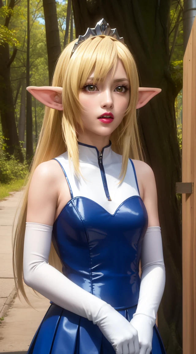 High resolution, masterpiece, high quality, Perfect Face, Perfect Eyes, Mansion foyer, Nina Aslert, Long blonde hair, tiara, Blue leotard, mini skirt, White elbow gloves,, Hilarious, Outdoor, Forest Background, sunset, Long elven ears