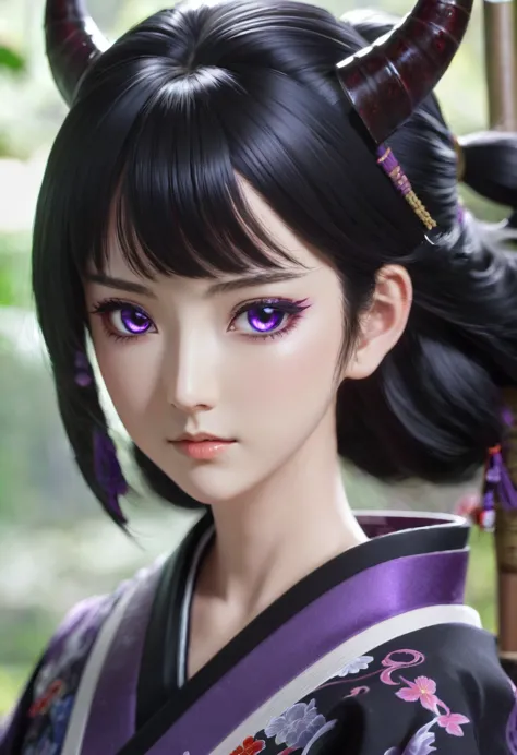 1girl, black hair, black kimono, purple eyes, shining eyes, Demonslayer, more_details:1.5, masterpiece, best quality, ultra-deta...