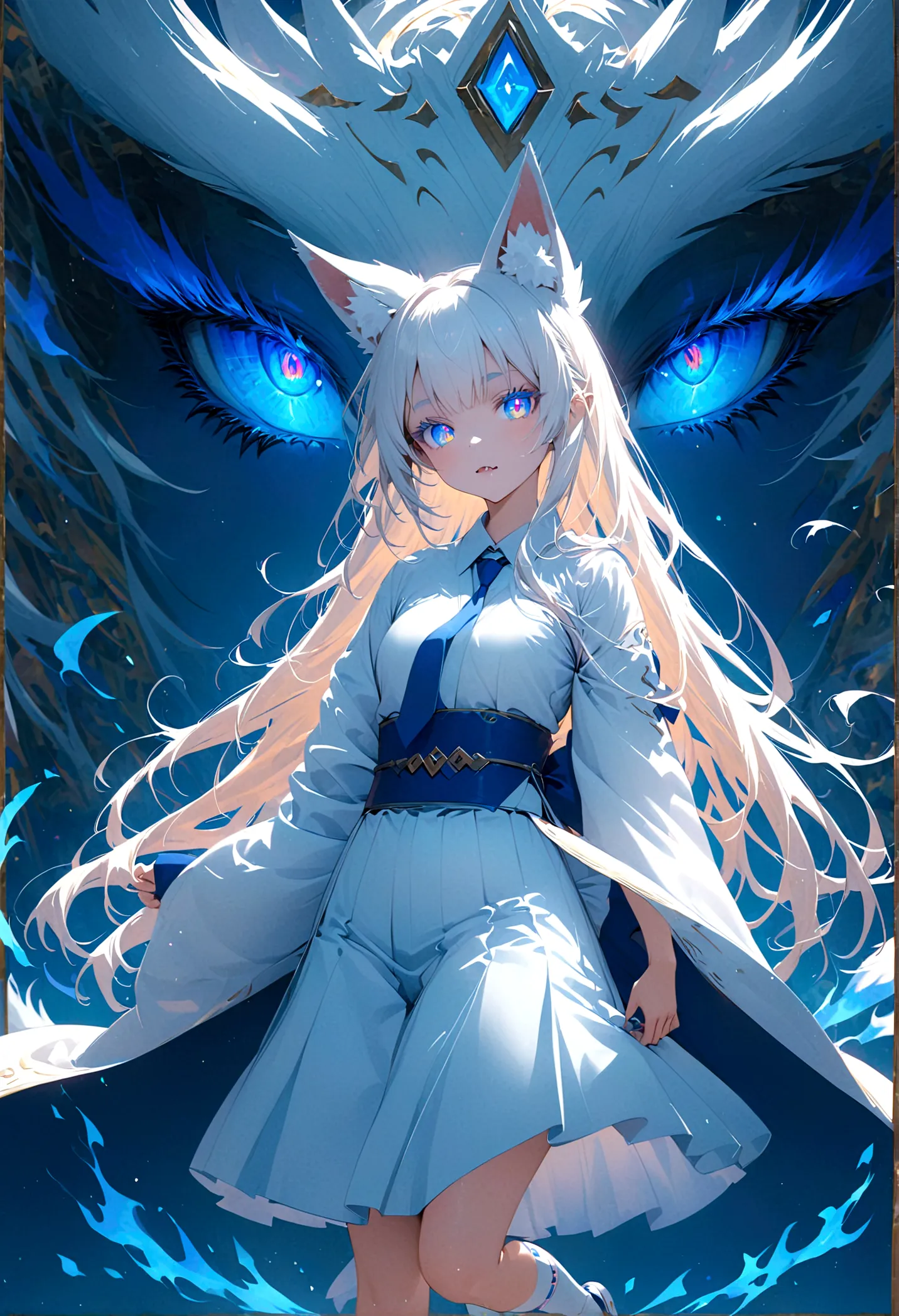 Anime girl with white long hair with white fox ears with rainbow coloured eyes and fox fangs wearing white hakama with blue belt...