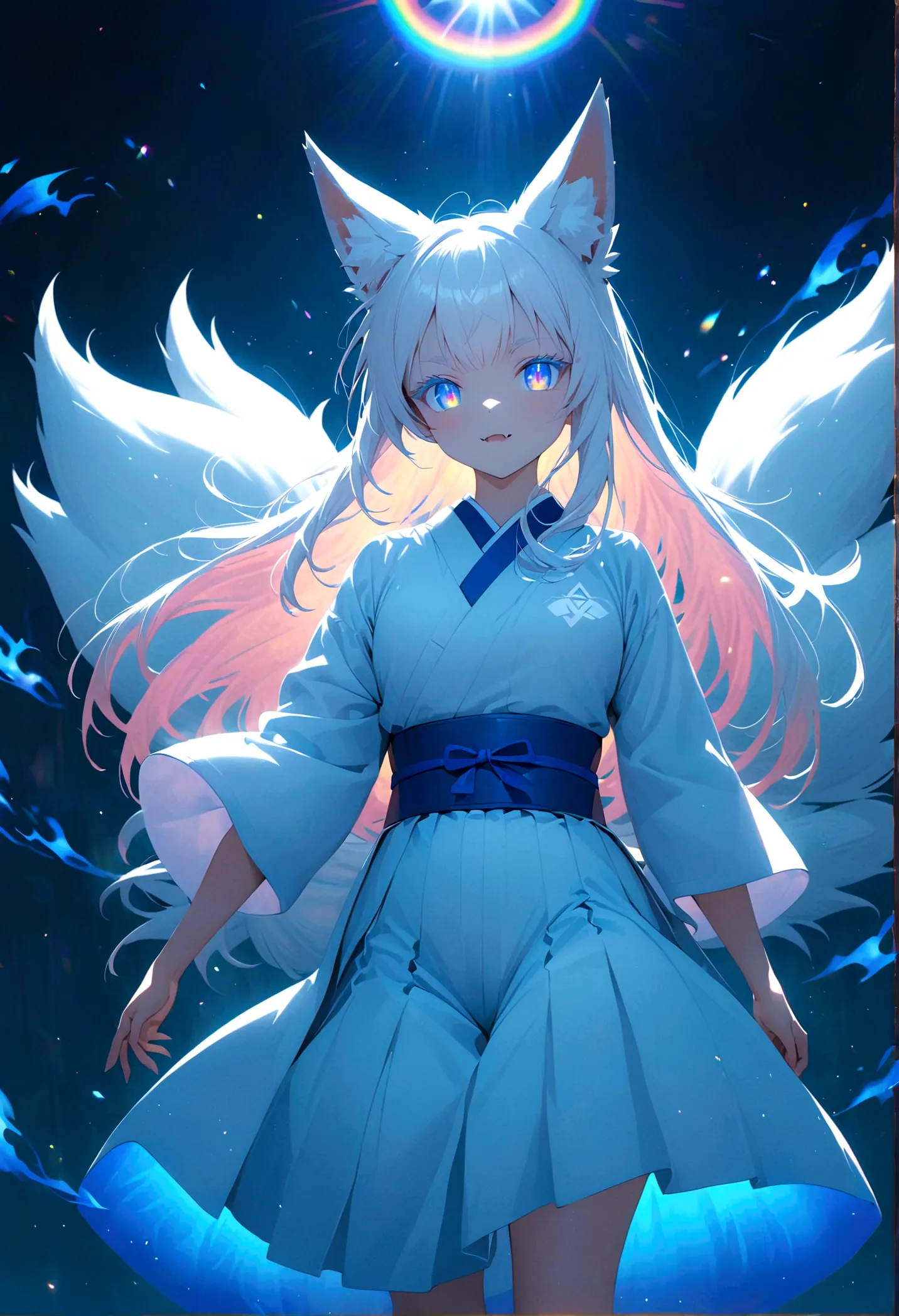 Anime girl with white long hair with white fox ears with rainbow coloured eyes and fox fangs wearing white hakama with blue belt...