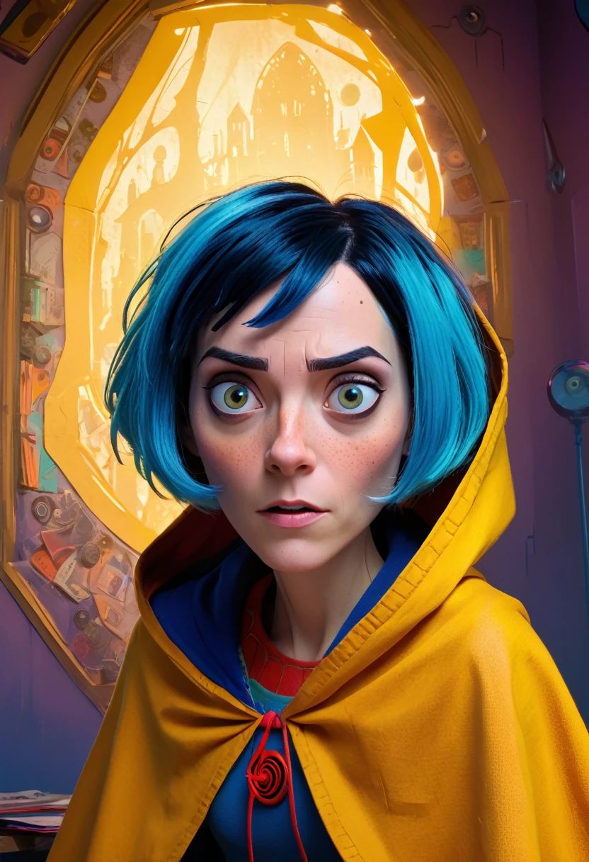 (Œuvre d’art chef-d’œuvre, 8k, UHD, haute résolution: 1.4), portrait dynamique de Coraline dans le style Spider-Verse, (caractéristiques stylisées et vibrantes: 1.3), (cheveux bleus courts et grands yeux expressifs: 1.2), (portant une cape jaune emblématique: 1.2), (pose aventureuse et confiante: 1.3), (éléments d&#39;animation comique, avec des textures et des ombres dessinées à la main: 1.2), (fond avec des scènes surréalistes et colorées, comme le portail et le monde alternatif: 1.1), (ambiance magique et mystérieuse: 1.3), complexe, détails vibrants, (éléments de fantaisie et d&#39;aventure: 1.2), (perspective dynamique et captivante: 1.3)