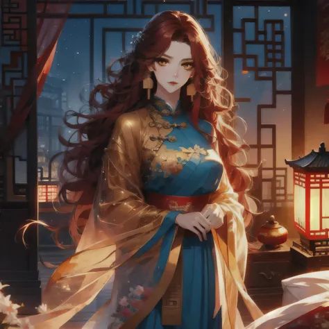 (masterpiece, best quality:1.2), 1women, xian mei, solo, chinese clothes, ultra long skirt, golden eyes, long red curly hair, je...