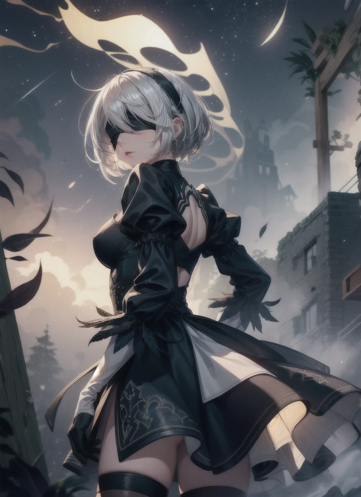 1girl,hm2b, black blindfold, covered eyes, mole under mouth, clothing cutout, long sleeves, puffy sleeves, juliet sleeves, feather trim, black thighhighs, black gloves, black dress, black skirt,(from behind),(from below),(far way),standing,(looking at sky),looking at the sky,stars,dark,night,(fog),city ruins,white flower,glowing flower,darkness,masterpiece,extremely detailed CG unity 8k wallpaper, best quality,32k,focus sharp, 