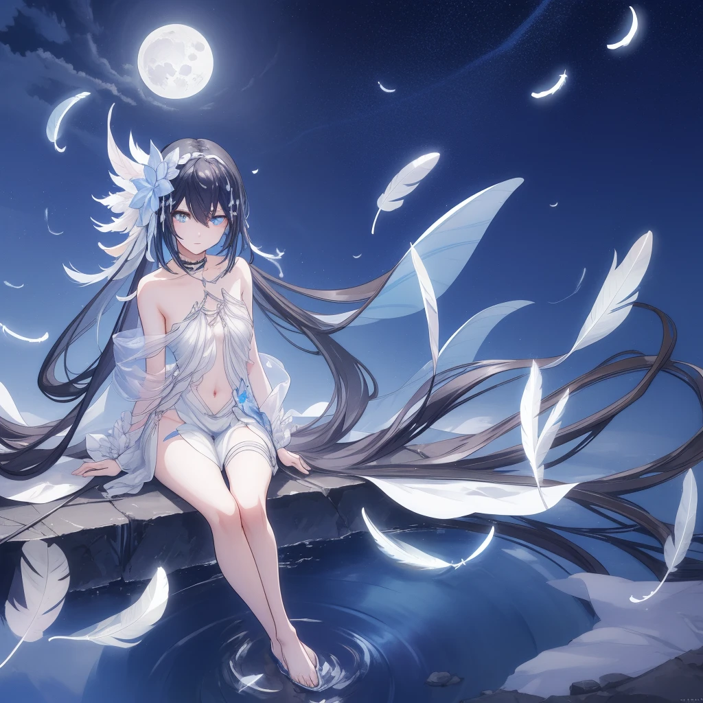 ((A long shot)) of a black-haired anime teen girl, (sitting near a river), ((strong moonlight)), cinematic light, slim body, skin is perfectly healthy, soft, and smooth, Extremely delicate and beautiful CG illustration, best quality, high resolution, dynamic angle, full-length lens, (1 girl), floating, (soft light, high-key lighting), glowing light, blue halo, feathers fluttering background, blue crystal, ((very cinematic)), ((half naked))