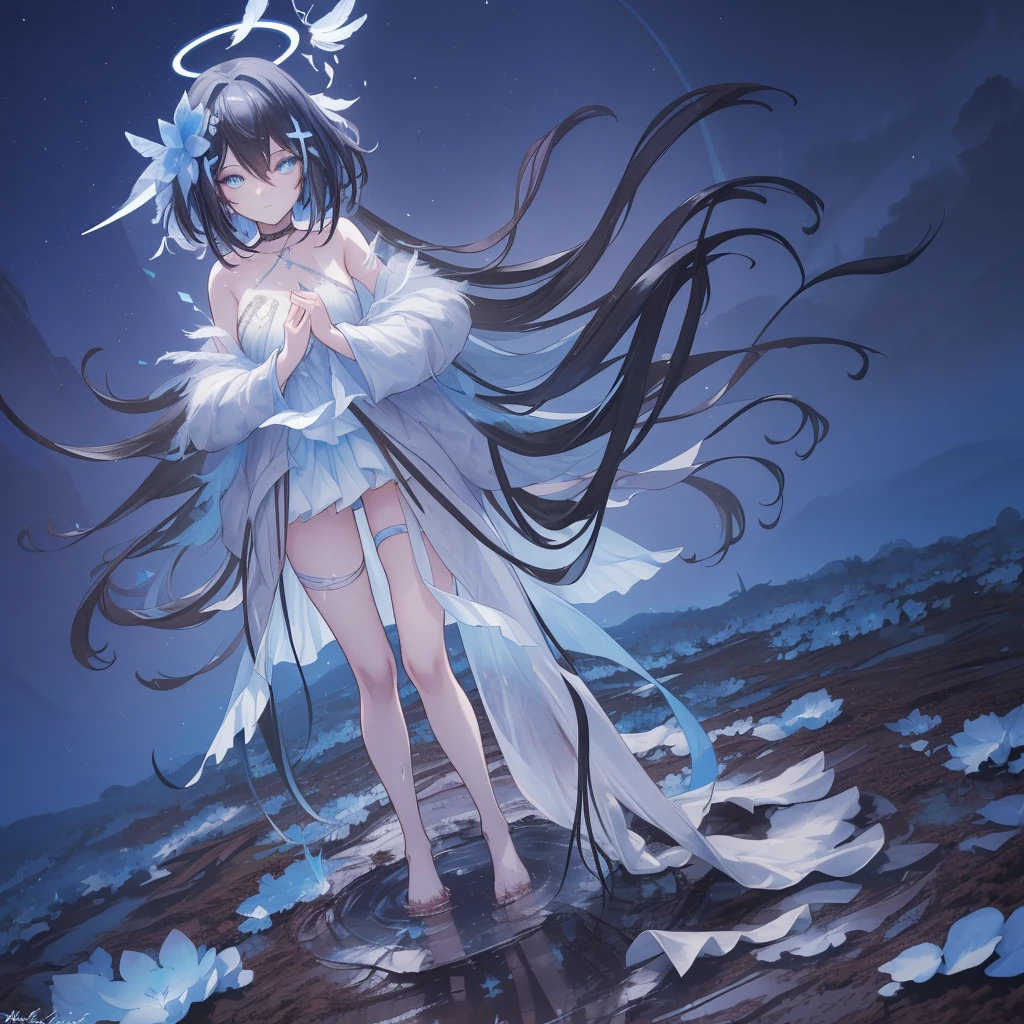 ((A long shot)) of a black-haired anime teen girl, (((standing in a muddy forest with mud covered in her body))), ((strong moonlight)), cinematic light, slim body, skin is perfectly healthy, soft, and smooth, Extremely delicate and beautiful CG illustration, best quality, high resolution, dynamic angle, full-length lens, (1 girl), floating, (soft light, high-key lighting), glowing light, blue halo, feathers fluttering background, blue crystal, ((very cinematic)), ((half naked))