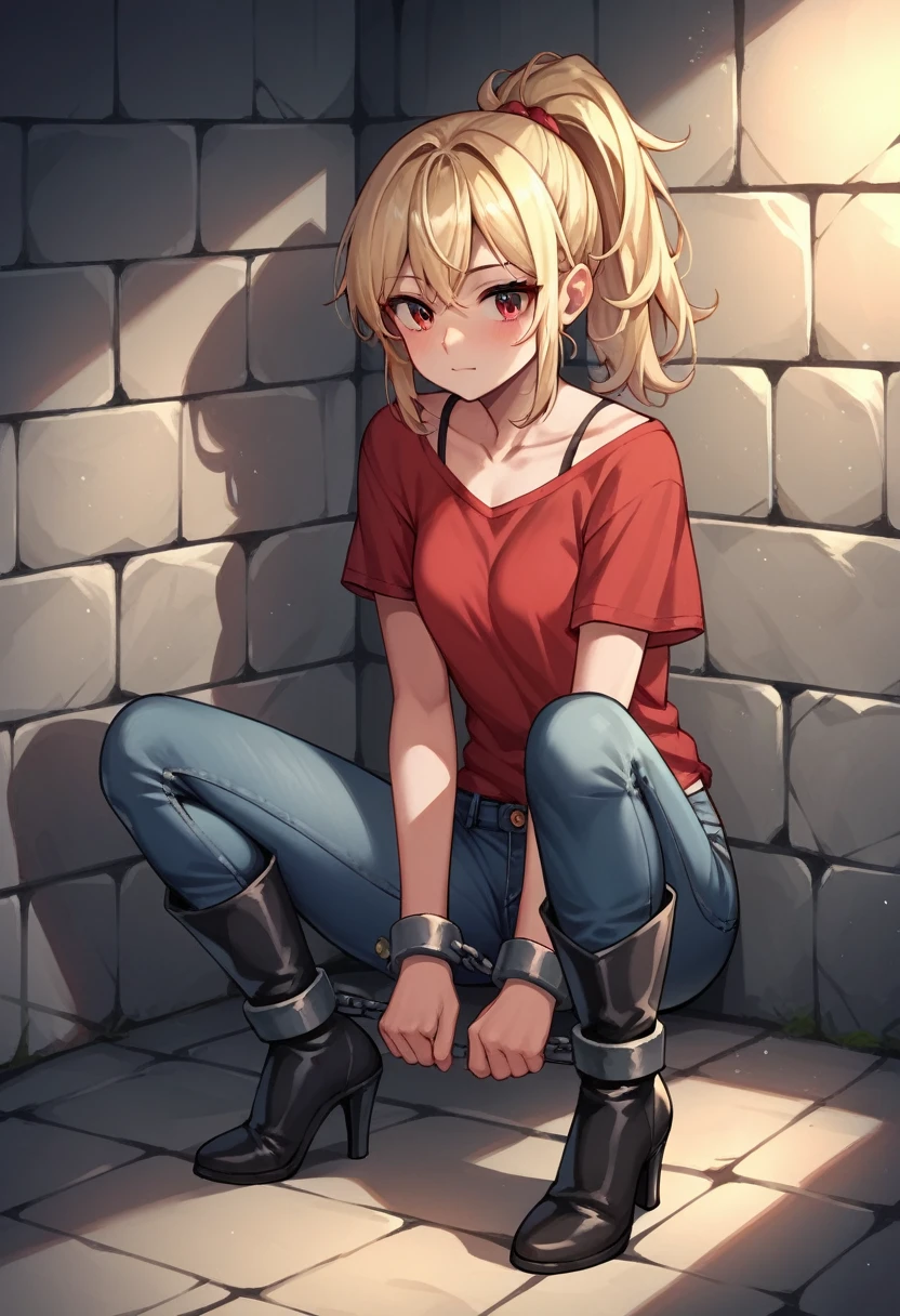 score_9, score_8_up, score_7_up, score_6_up, score_5_up, score_4_up, source_anime, 1girl,16 years, teenager, worth, blonde hair, ponytail, red eyes, w-w-chain,shackles,loose hair, red shirt, jeans shorts,black thigh boots, heels ,evening, dungeon, best quality, best res, 4K UHD,
 