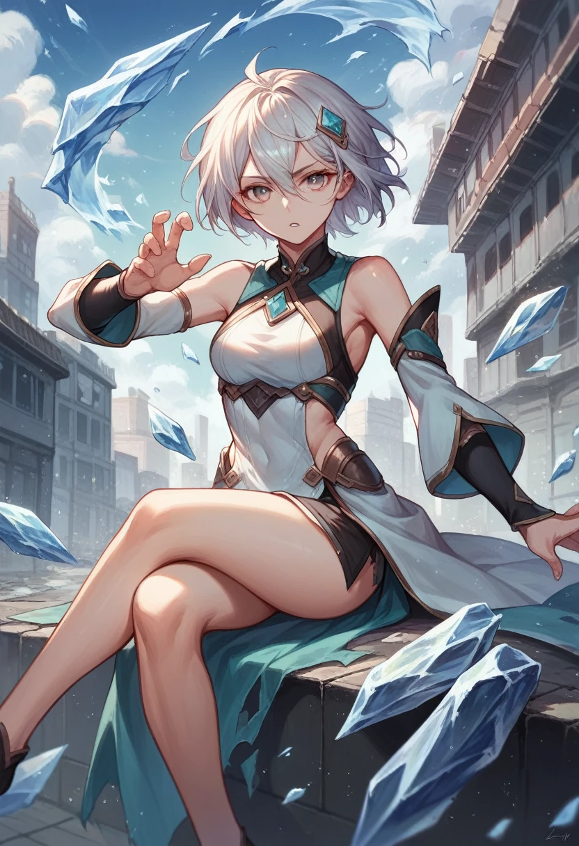 solo, short hair, hair ornament, hair between eyes, detached sleeves, ice particles, detailed, intricate details, action pose, looking at viewer, destroyed buildings, city, parted lips, crossed legs, looking at viewer