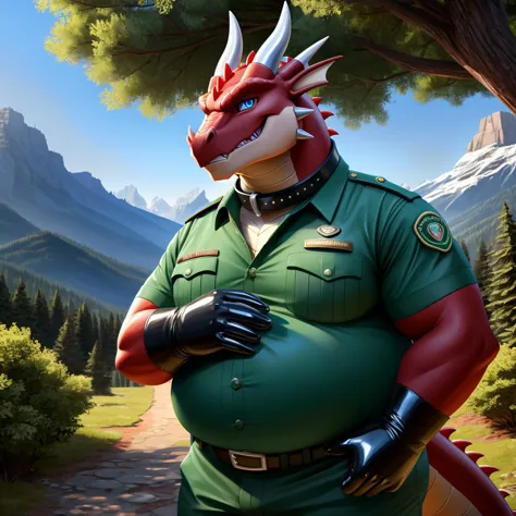 solo, full body, Male, fat, extremely obese, Dragon, park ranger, trousers, outdoor, park ranger uniform, collared shirt with bu...