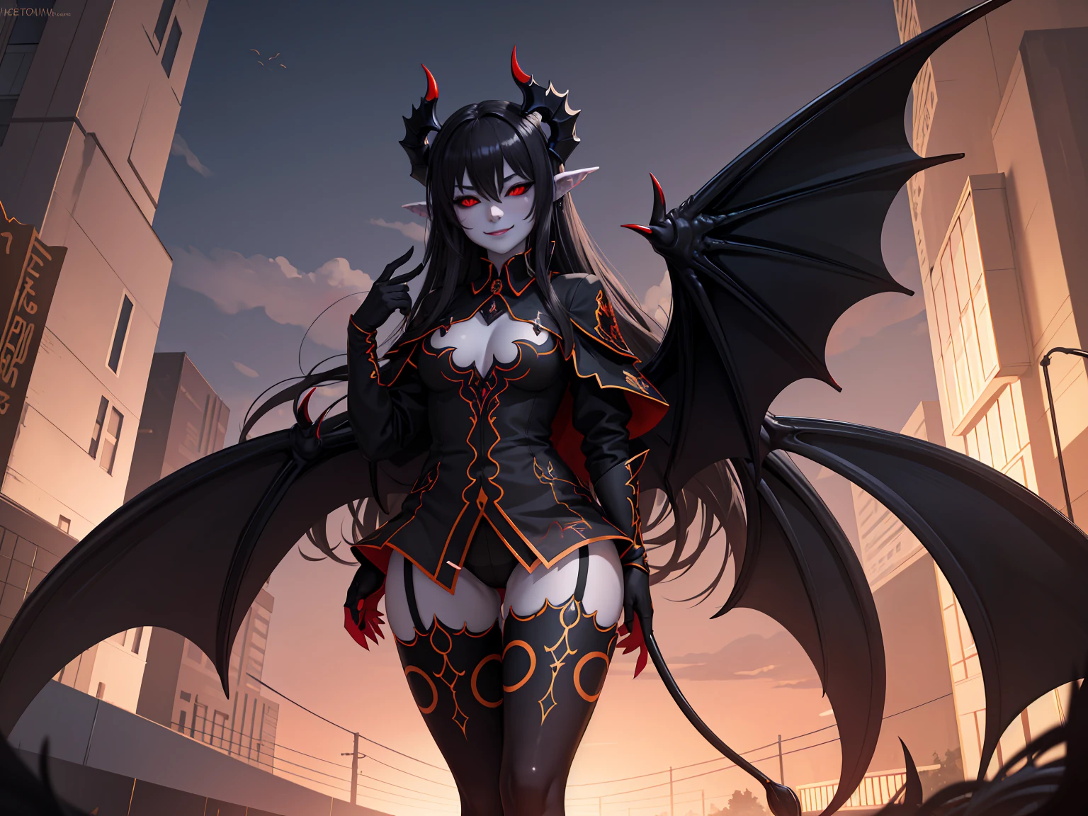 (highly detailed:1.3), evil smile, black sclera, 
mgedemon, wings, tail, , completely , 
Ultra-detail, (highres:1.1), best quality, (masterpiece:1.3), cinematic lighting, POVHipGrabCowgirl, heterohromia, on the street, night, black sheer pantyshorts