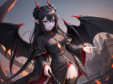 (highly detailed:1.3), evil smile, black sclera, 
mgedemon, wings, tail, , completely , 
Ultra-detail, (highres:1.1), best quali...