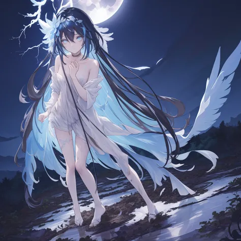 ((a long shot)) of a black-haired anime teen girl, (((standing in a muddy forest with mud covered in her body))), ((strong moonl...