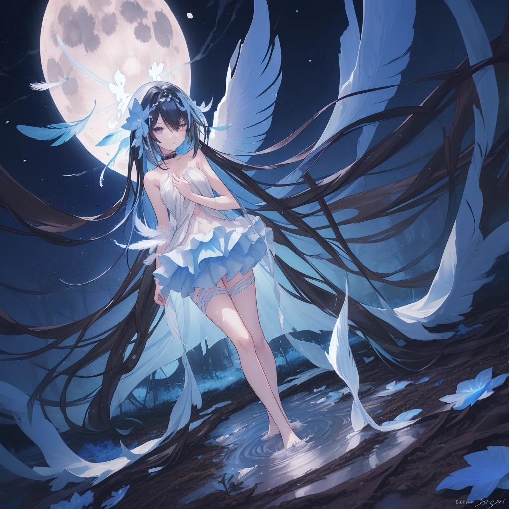 ((A long shot)) of a black-haired anime teen girl, (((standing in a muddy forest with mud covered in her body))), ((strong moonlight)), cinematic light, slim body, skin is perfectly healthy, soft, and smooth, Extremely delicate and beautiful CG illustration, best quality, high resolution, dynamic angle, full-length lens, (1 girl), floating, (soft light, high-key lighting), glowing light, blue halo, feathers fluttering background, blue crystal, ((very cinematic)), ((half naked))