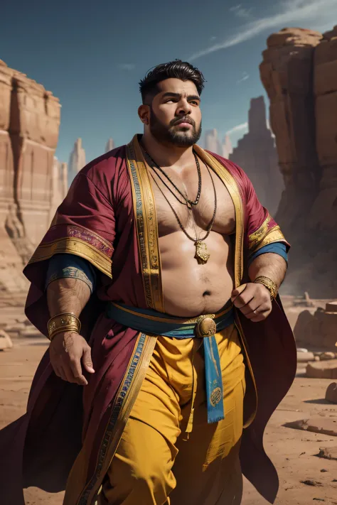 (8k, high definition, high quality, highly detailed) handsome indian mage. chubby. hyper-masculine. chanting a spell. glowing ma...