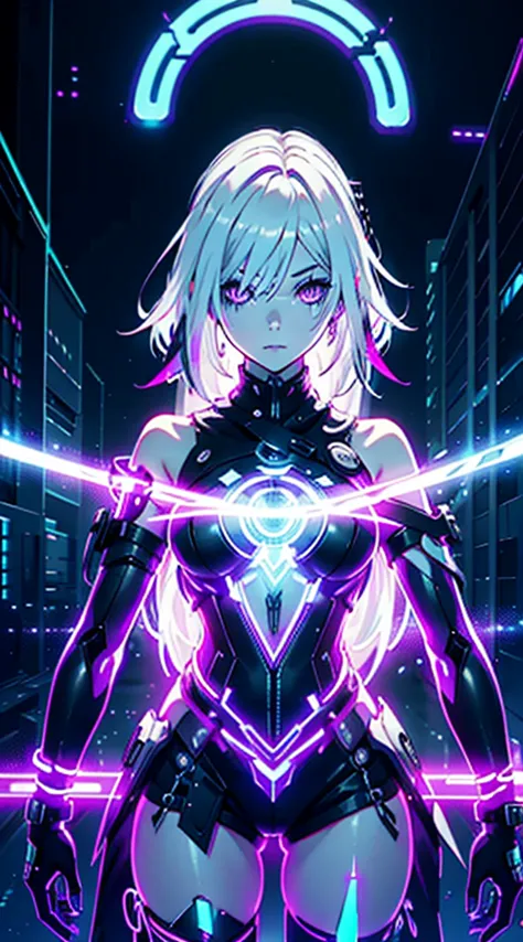 Android Girl,white hair,short and messy hair, purple neon eyes, Holding a chain whip, chains on the hands, circular chains over ...