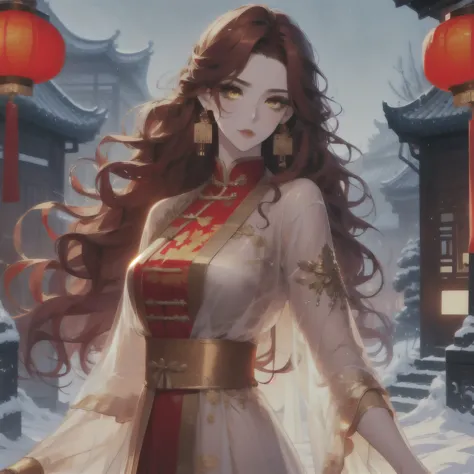 (masterpiece, best quality:1.2), 1women, xian mei, solo, chinese clothes, ultra long skirt, golden eyes, long red curly hair, je...