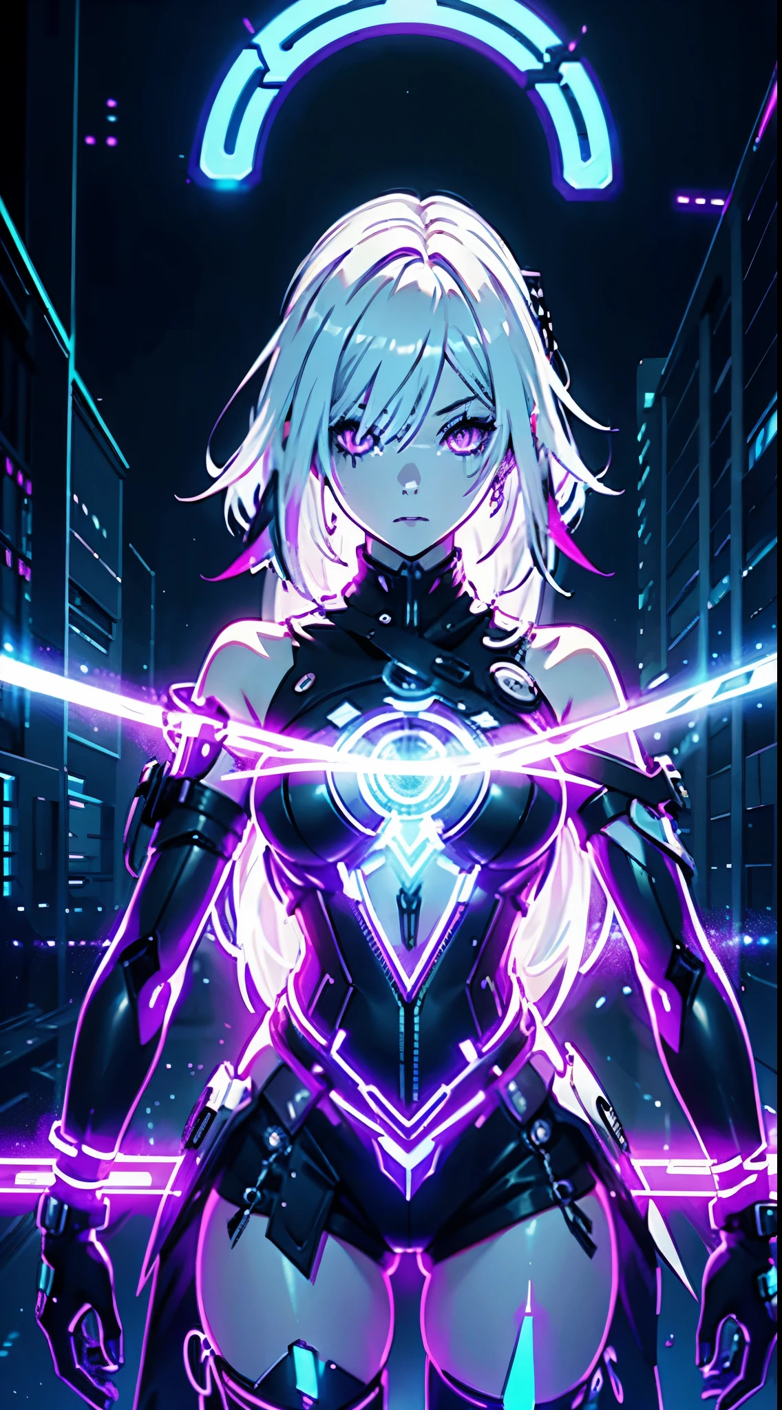 Android Girl,weißes Haar,kurzes und unordentliches Haar, lila Neonaugen, Eine Kettenpeitsche halten, Ketten an den Händen, kreisförmige Ketten über dem Körper, Niedlich, Rock, weiße Bluse, cyberpunk style, elektronische Handschuhe, Teilemechaniker, eletronic details,wohnzimmer hintergrund.HD-Beleuchtung und Dunkelheit )(epische Bildqualität) dunkle Atmosphäre mit hellem Partikellicht(viele Effekte im Hintergrund), Ganzkörperaufnahme, robot, Neon-Optimierungen, cyberpunk theme