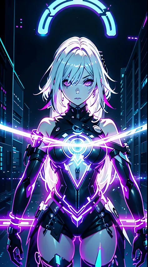 android girl,white hair,short and messy hair, purple neon eyes, holding a chain whip, chains on the hands, circular chains over ...