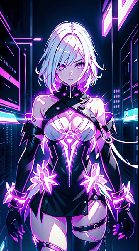 Android Girl,white hair,short and messy hair, purple neon eyes, Holding a chain whip, chains on the hands, circular chains over ...