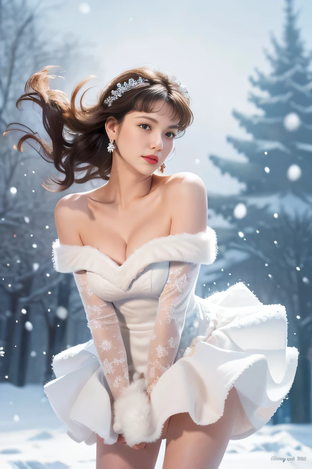 masterpiece、quality、Super detailed、Marilyn Tagg ， Focus on the thighs and above，clear face，（Best quality at best）， beautiful girl：1.5、(Red fluffy off-shoulder dress style)，long hair fluttering，Snowflake earrings、snowflakes falling、Vague、snow world