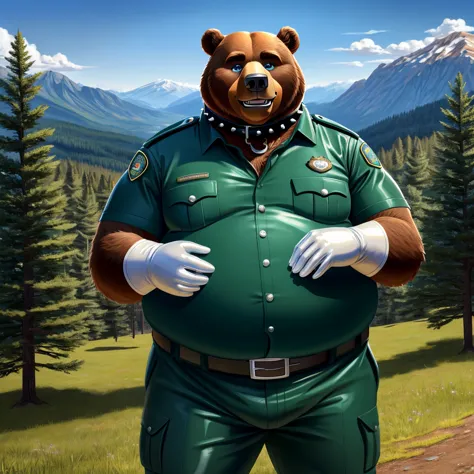 solo, full body, male, fat, extremely obese, bear, park ranger, trousers, outdoor, park ranger uniform, collared shirt with butt...