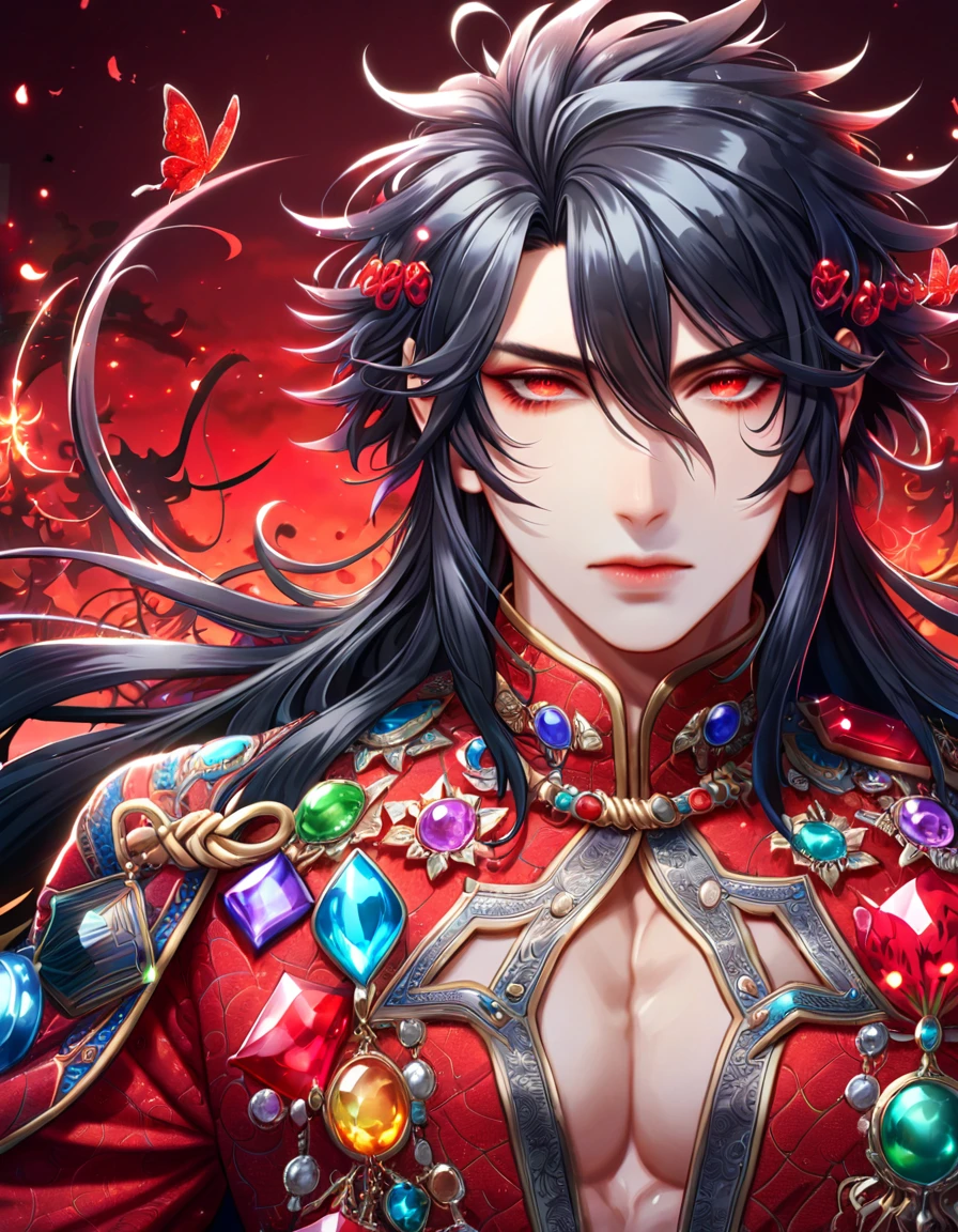 absurdres, highres, ultra detailed, HDR, master piece, best quality, extremely detailed face, delicated features, Xue Yu, untamed spiky hair, black hair, black long hair, hair between the eyes, expressive red eyes, Thousand Years War, solo, sexy man, handsome, toned chest, black cape, red robes, accessories, patterns, red sky, red butterflies, red spider lilies, fantasy, magical, radiant, envy magical