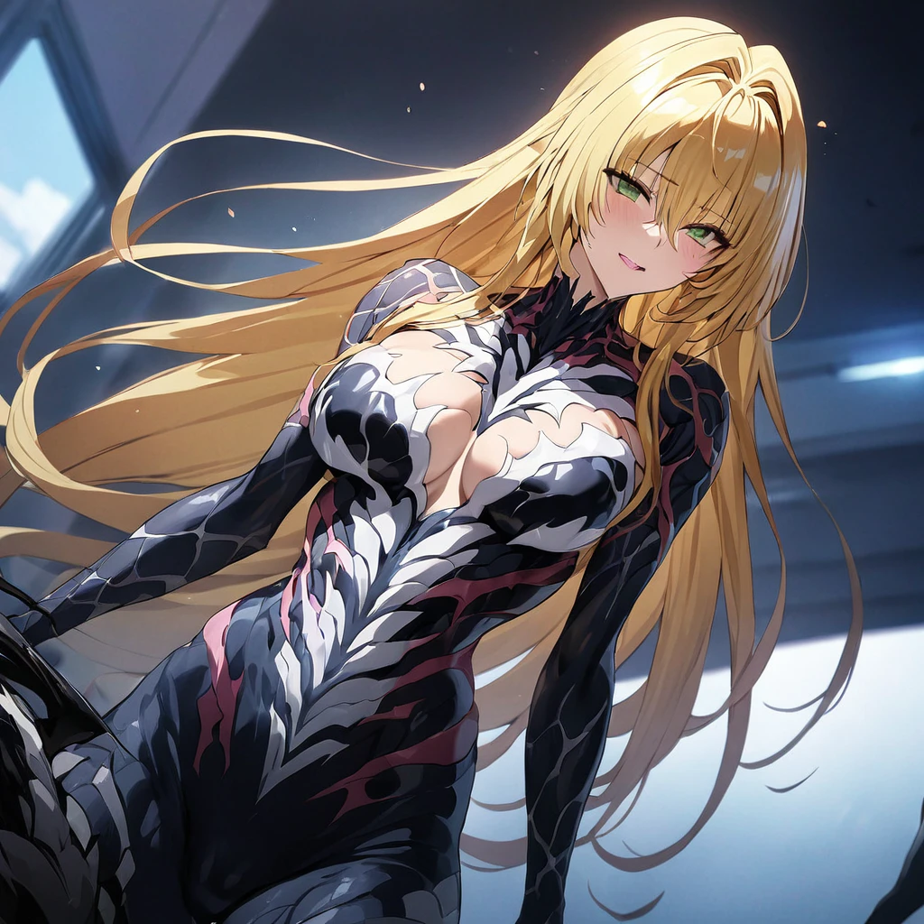 ((Highest quality)), ((masterpiece)), (detailed), （Perfect Face）、The woman is Tiare, a green-eyed, blonde, medium-long-haired female Venom, whose body has been completely transformed into Venom and who is wearing a Venom suit.