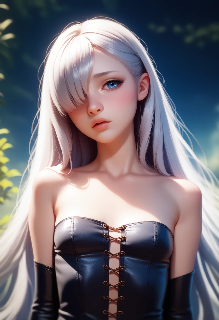 elegant fantasy portrait of a gnome girl, detailed skin and cloth textures, beautiful detailed face, intricate details, extremely detailed, 1girl, pale skin, short stature, very long silver hair that curls at the ends, small breasts, pouty lips, dynamic pose with hair covering one eye,  bright blue anime-style eyes with long lashes, shy personality, wearing a leather corset, white puffy-sleeved shirt, and poufy cloth pants tucked into boots, windy fantasy landscape, best quality, 8k, masterpiece, dungeons and dragons