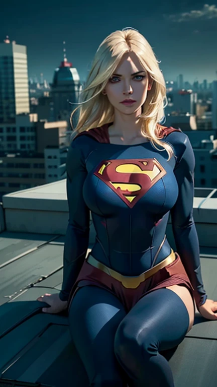 supergirl, sitting on a rooftop building, lost in deep thought, looking at the city, perfect eye, beautiful highly detailed eyes, beautiful blue eyes, both eyes are similar, beautiful detailed lips, extremely detailed face, long eyelashes, beautiful detailed tight costume, tight figure, blonde hair, big breasts, dynamic pose, cinematic lighting, epic cityscape, moody atmosphere, dramatic shadows, vibrant colors, photorealistic, 8k, best quality, hyper detailed, masterpiece