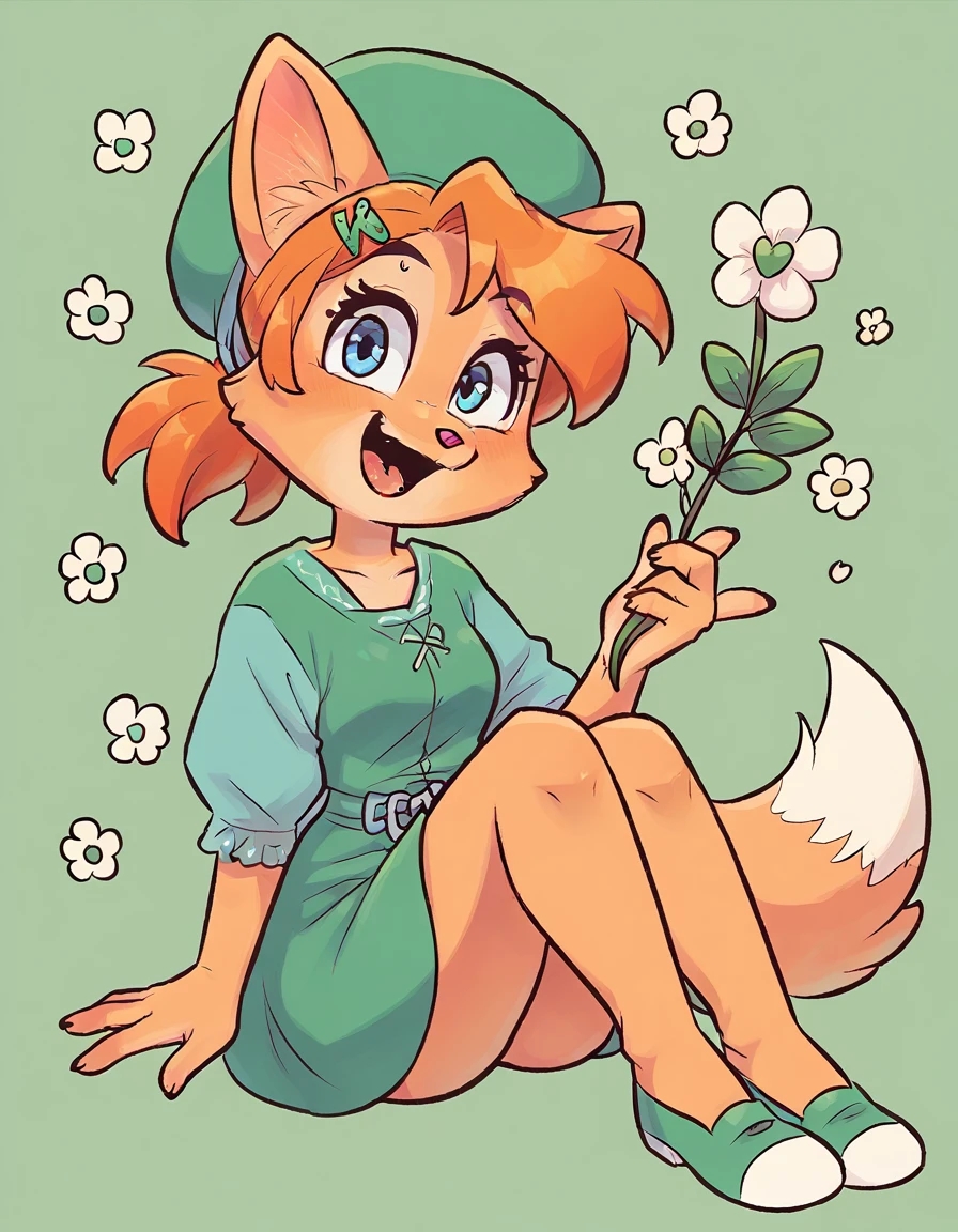 little fox, kid girlfox, yellow hair, ginger fur, blue eyes, cute kid, alone, face similar to Diane Foxington, kid , tied hair, Green dress, green hat topper, holding a 4 Leaf Clover, sitting on grass, open mouth, happy, hair clips, alone