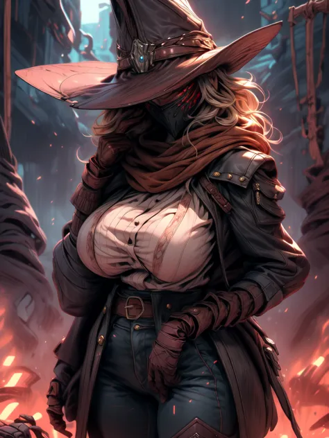 cowboy shot, lonely desert, sunset, chunky hat, leathery, dust, cowgirl, bounty hunter,  huge perfect breast, short stackbt