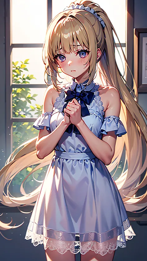 kei karuizawa, blonde, long ponytail, violet eyes, wavy hair wearing a light, white lace nightgown with a blue bow in the center...