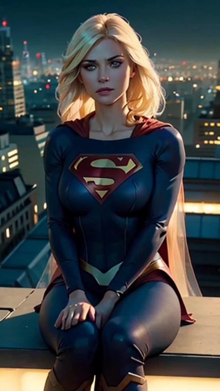 supergirl, sitting on a rooftop building, lost in deep thought, looking at the city, perfect eye, beautiful highly detailed eyes, beautiful blue eyes, both eyes are similar, beautiful detailed lips, extremely detailed face, long eyelashes, beautiful detailed tight costume, tight figure, blonde hair, big breasts, dynamic pose, cinematic lighting, epic cityscape, moody atmosphere, dramatic shadows, vibrant colors, photorealistic, 8k, best quality, hyper detailed, masterpiece