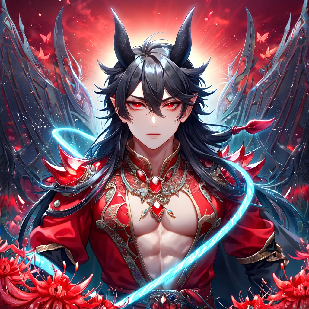 absurdres, highres, ultra detailed, HDR, master piece, best quality, extremely detailed face, delicated features, Xue Yu, untamed spiky hair, black hair, black long hair, hair between the eyes, expressive red eyes, Thousand Years War, solo, sexy man, handsome, toned chest, demon, black horns, devil tail, black cape, red robes, accessories, patterns, red sky, red butterflies, red spider lilies, fantasy, magical, radiant, envy magical